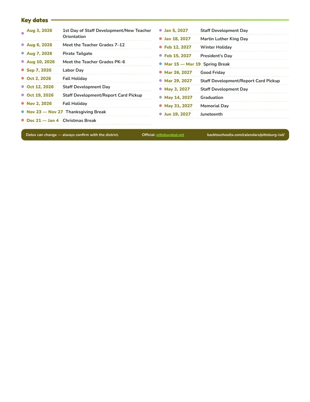 Pittsburg ISD Calendar for the Year 26-27 — key dates