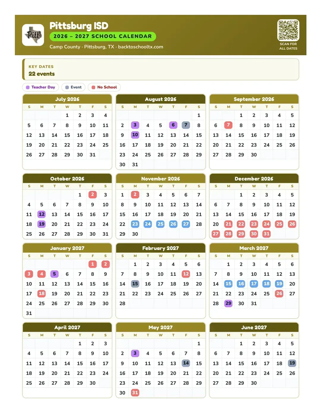 Pittsburg ISD Calendar for the Year 26-27