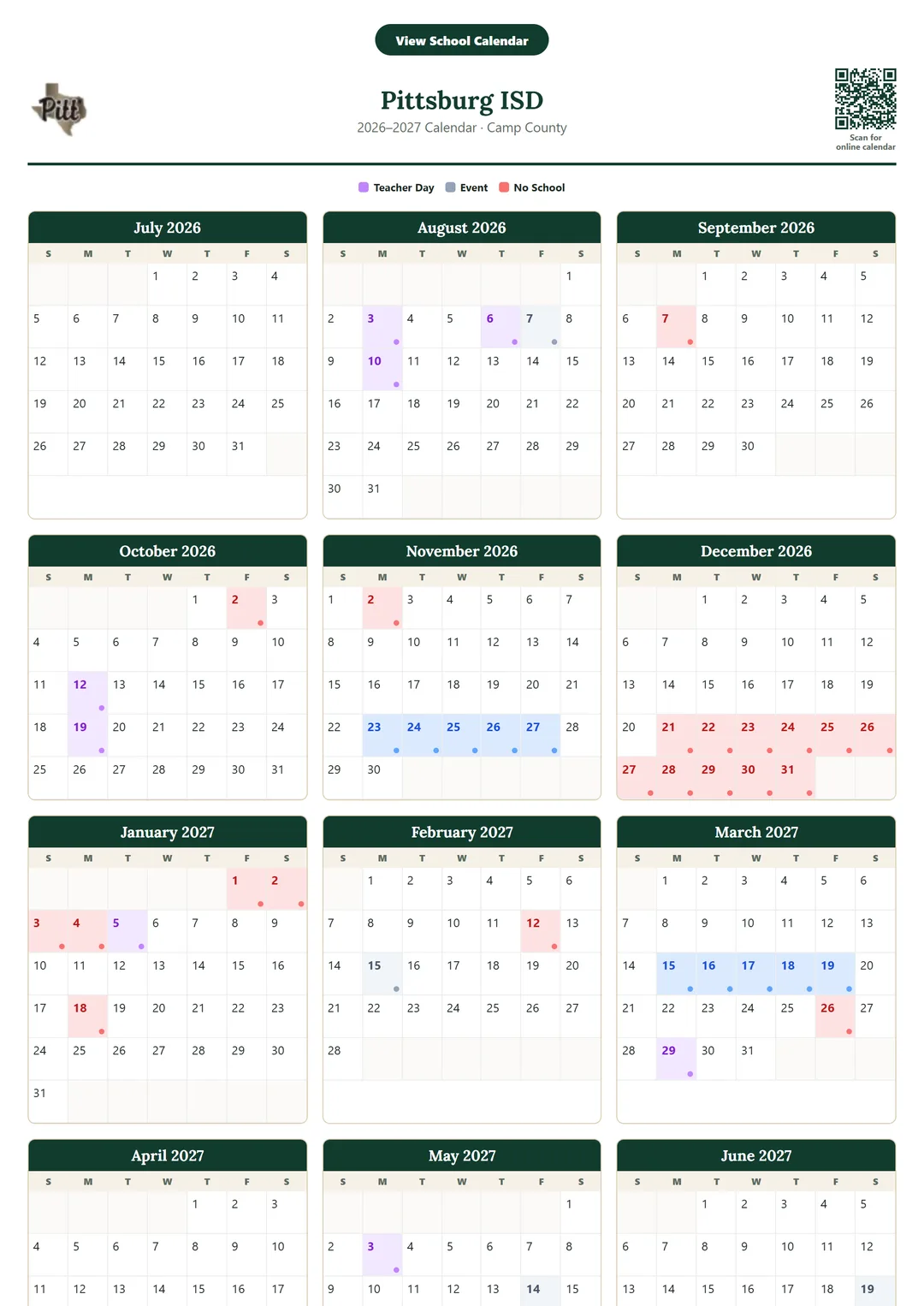 Pittsburg ISD printable 2026–2027 calendar