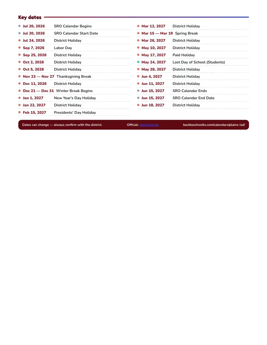 Plains ISD Calendar for the Year 26-27 — key dates
