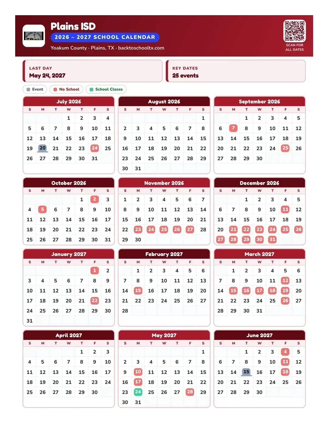 Plains ISD Calendar for the Year 26-27