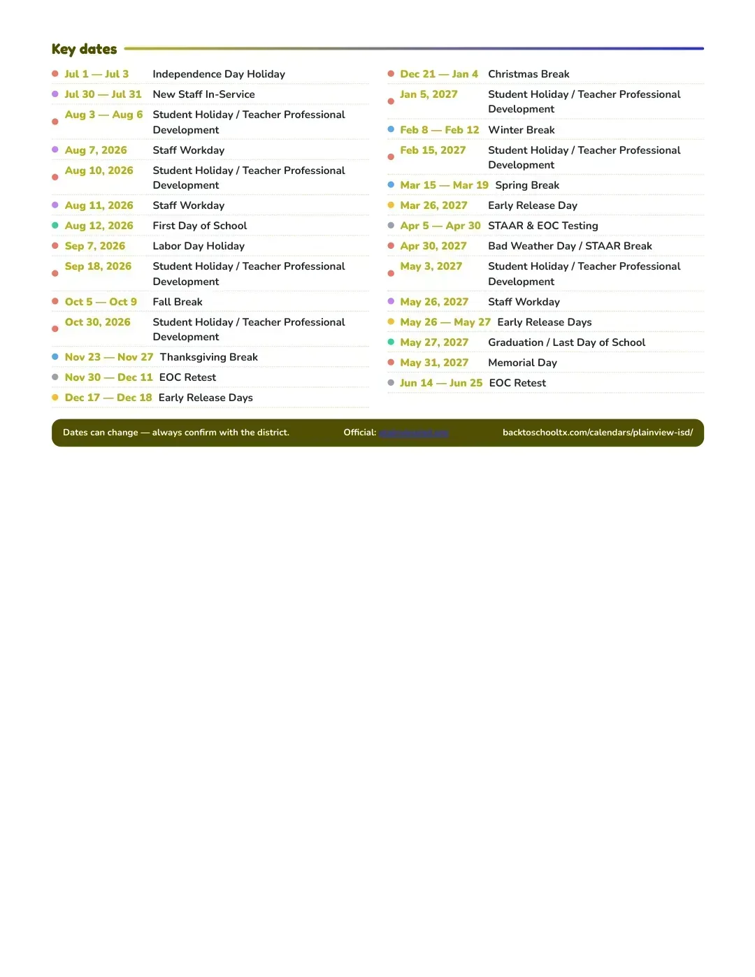 Plainview ISD Calendar for the Year 26-27 — key dates