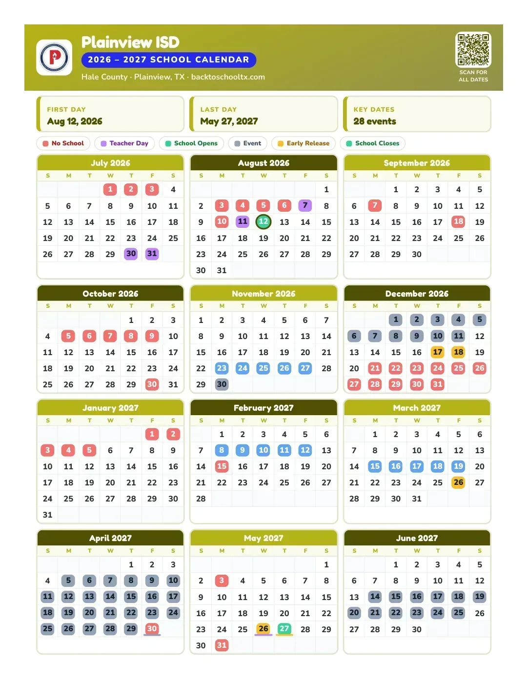 Plainview ISD Calendar for the Year 26-27