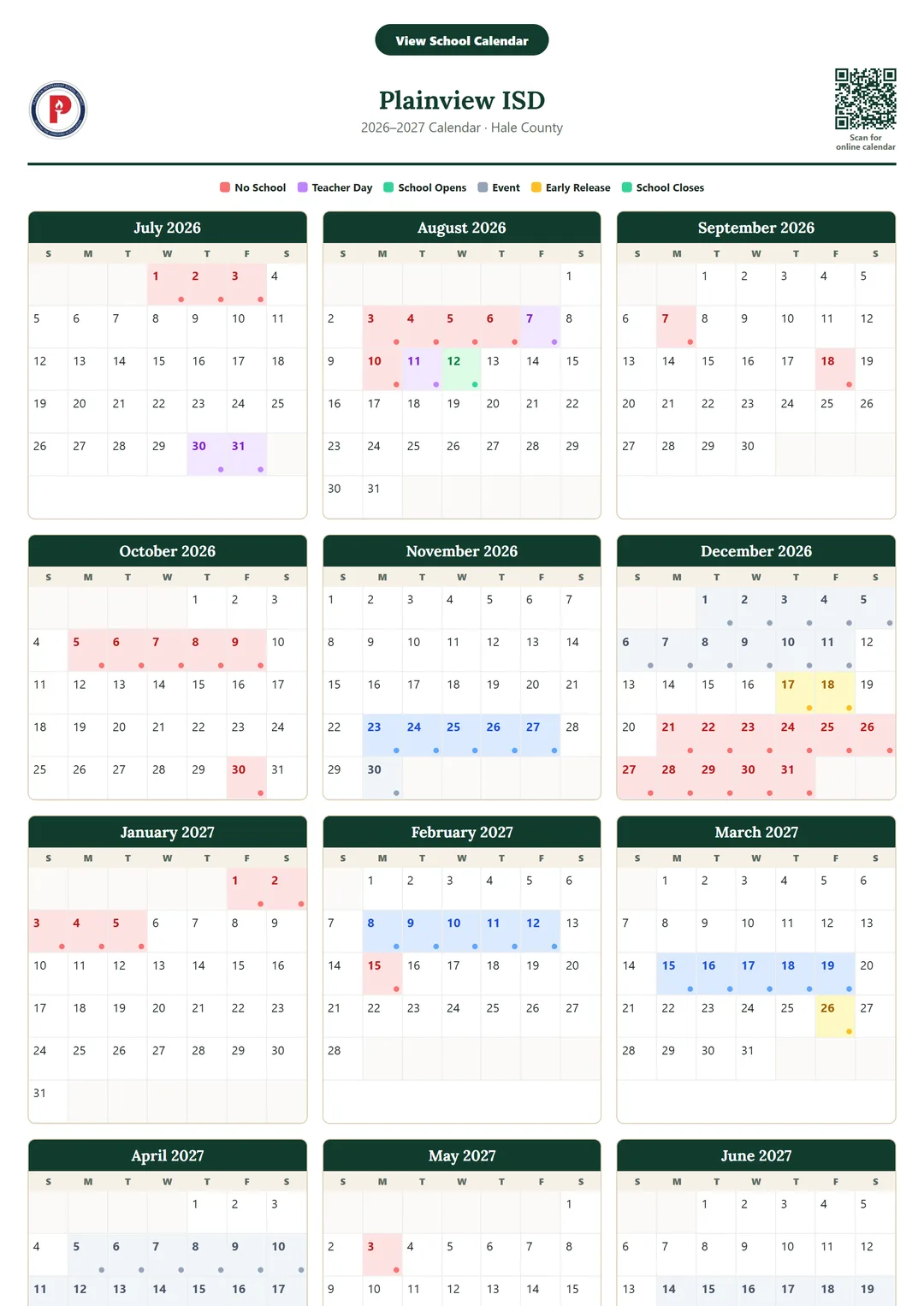 Plainview ISD printable 2026–2027 calendar