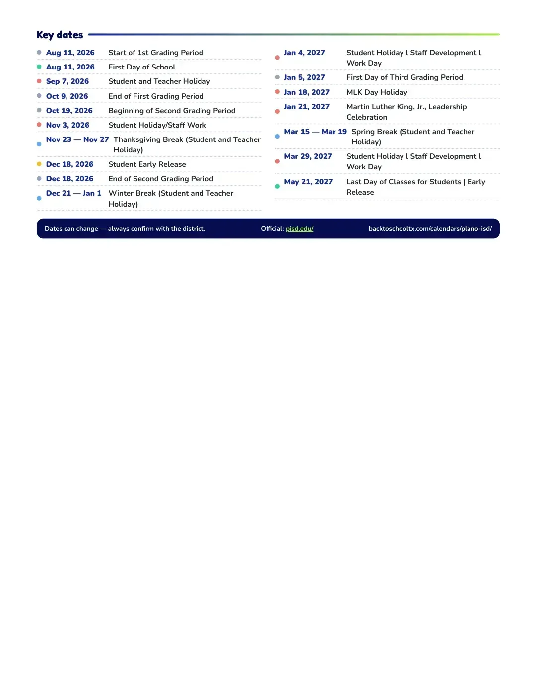 Plano ISD Calendar for the Year 26-27 — key dates