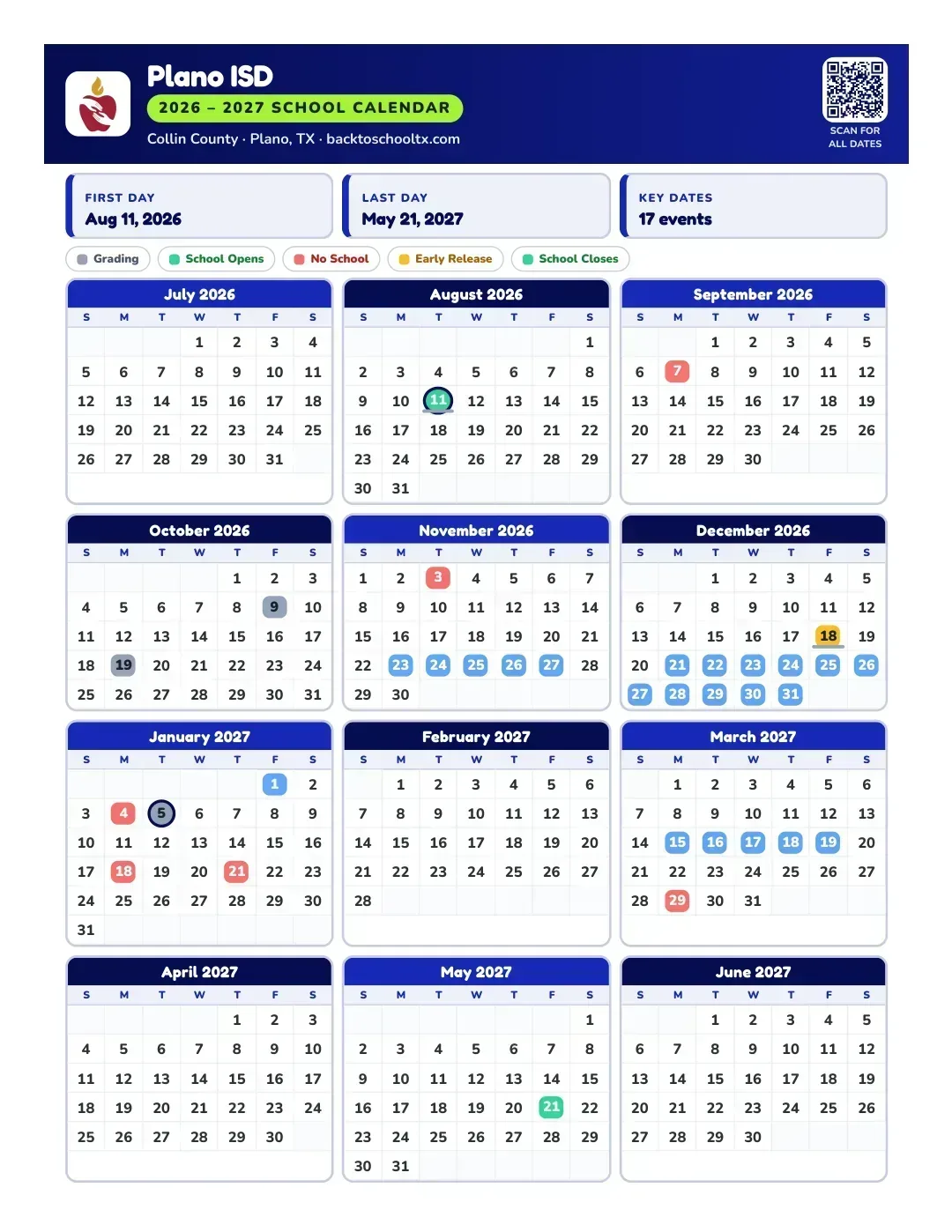 Plano ISD Calendar for the Year 26-27