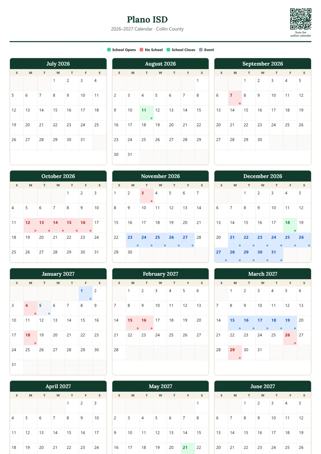 Plano ISD printable 2026–2027 calendar