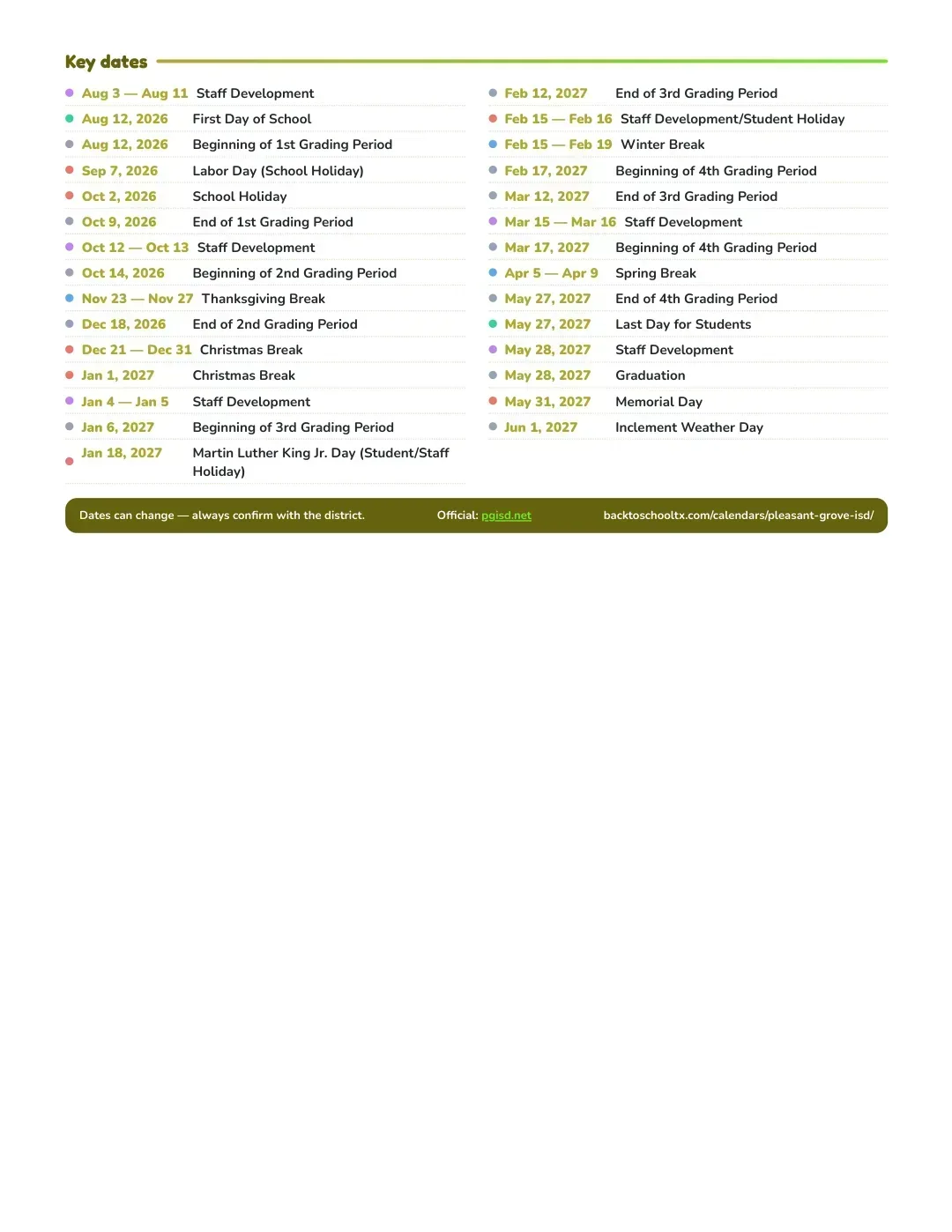 Pleasant Grove ISD Calendar for the Year 26-27 — key dates