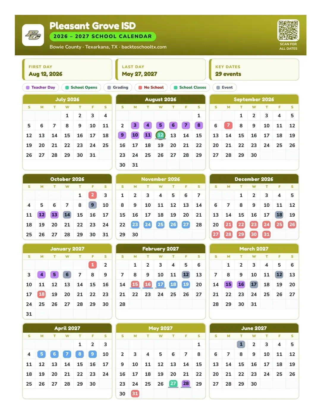 Pleasant Grove ISD Calendar for the Year 26-27