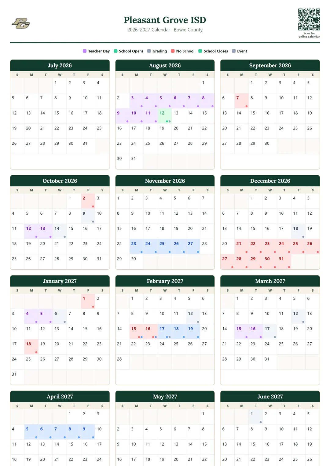 Pleasant Grove ISD printable 2026–2027 calendar