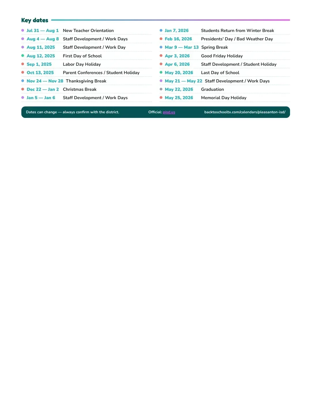 Pleasanton ISD Calendar for the Year 26-27 — key dates