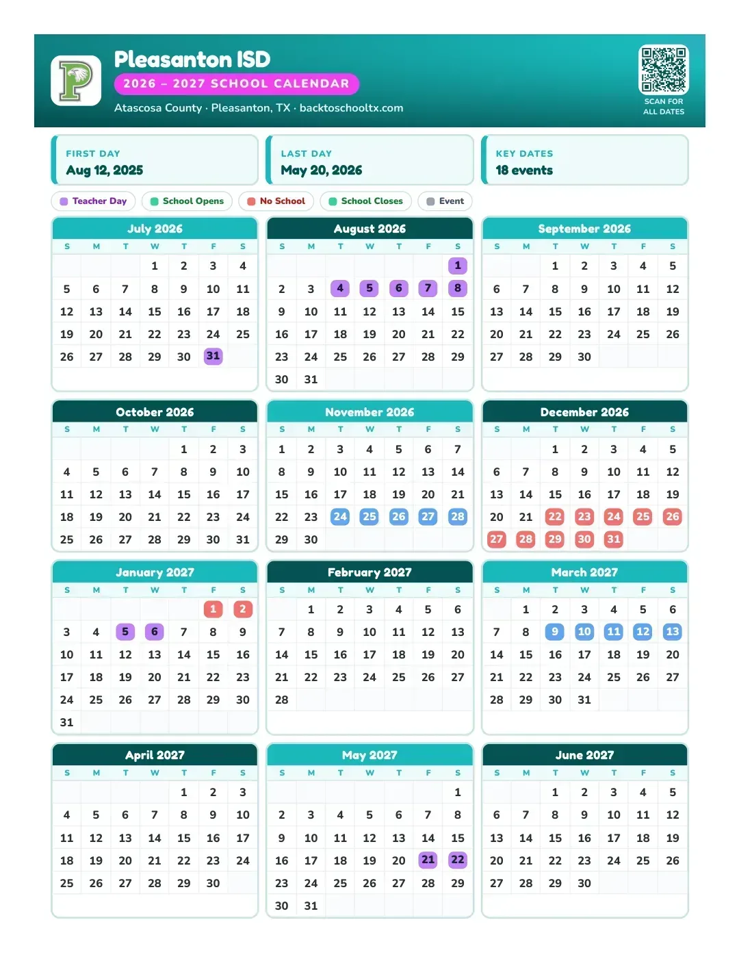 Pleasanton ISD Calendar for the Year 26-27