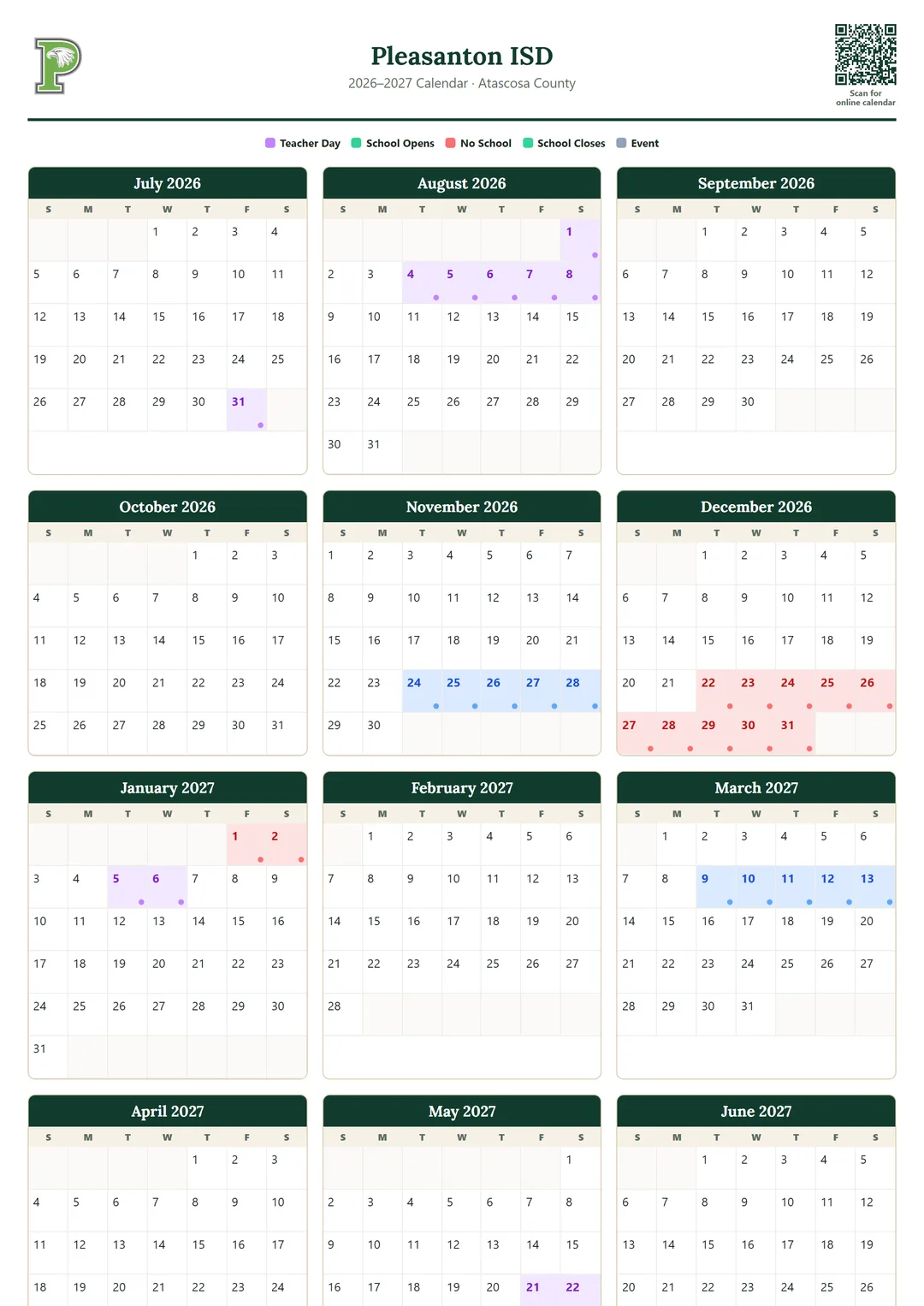 Pleasanton ISD printable 2026–2027 calendar