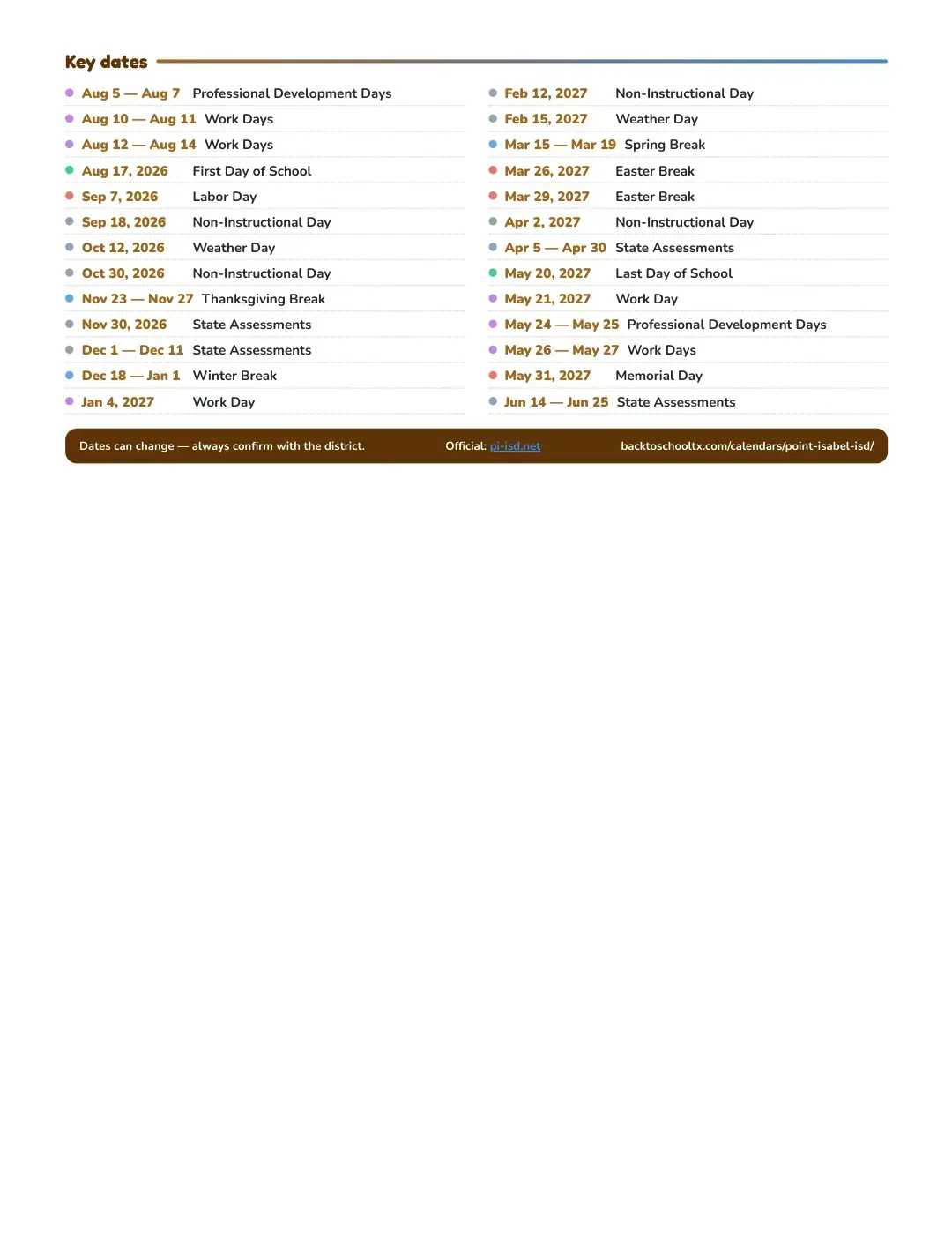 Point Isabel ISD Calendar for the Year 26-27 — key dates