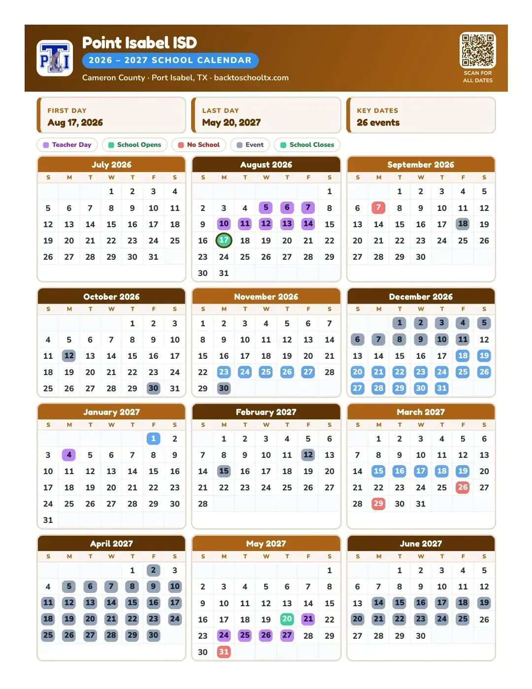 Point Isabel ISD Calendar for the Year 26-27