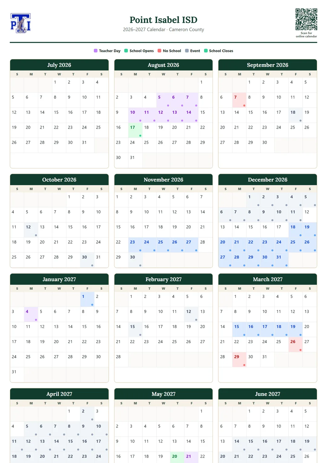 Point Isabel ISD printable 2026–2027 calendar