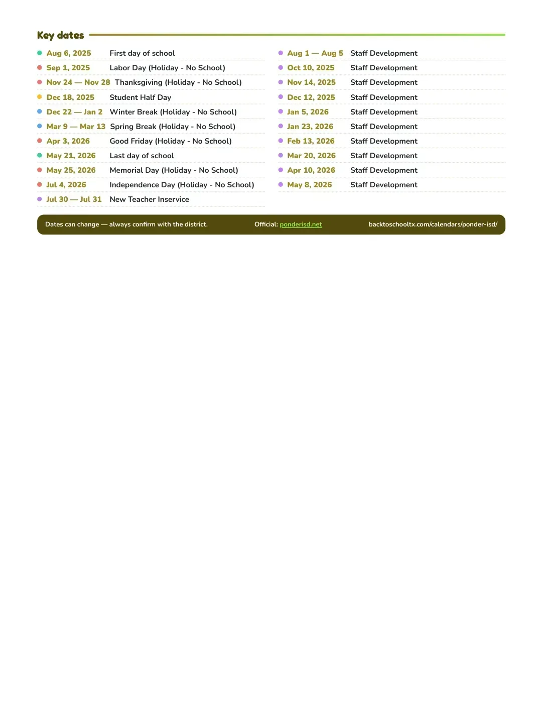 Ponder ISD Calendar for the Year 26-27 — key dates