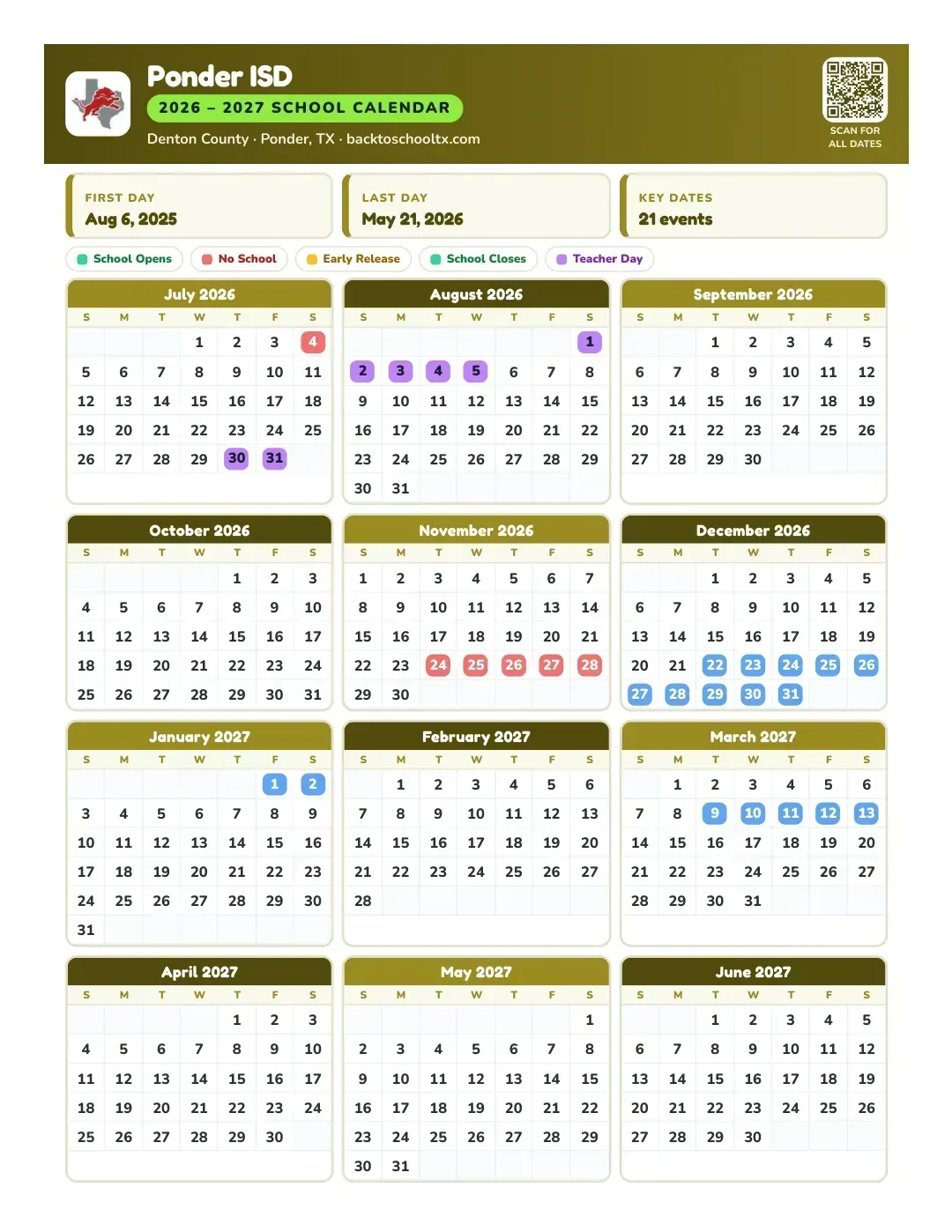 Ponder ISD Calendar for the Year 26-27
