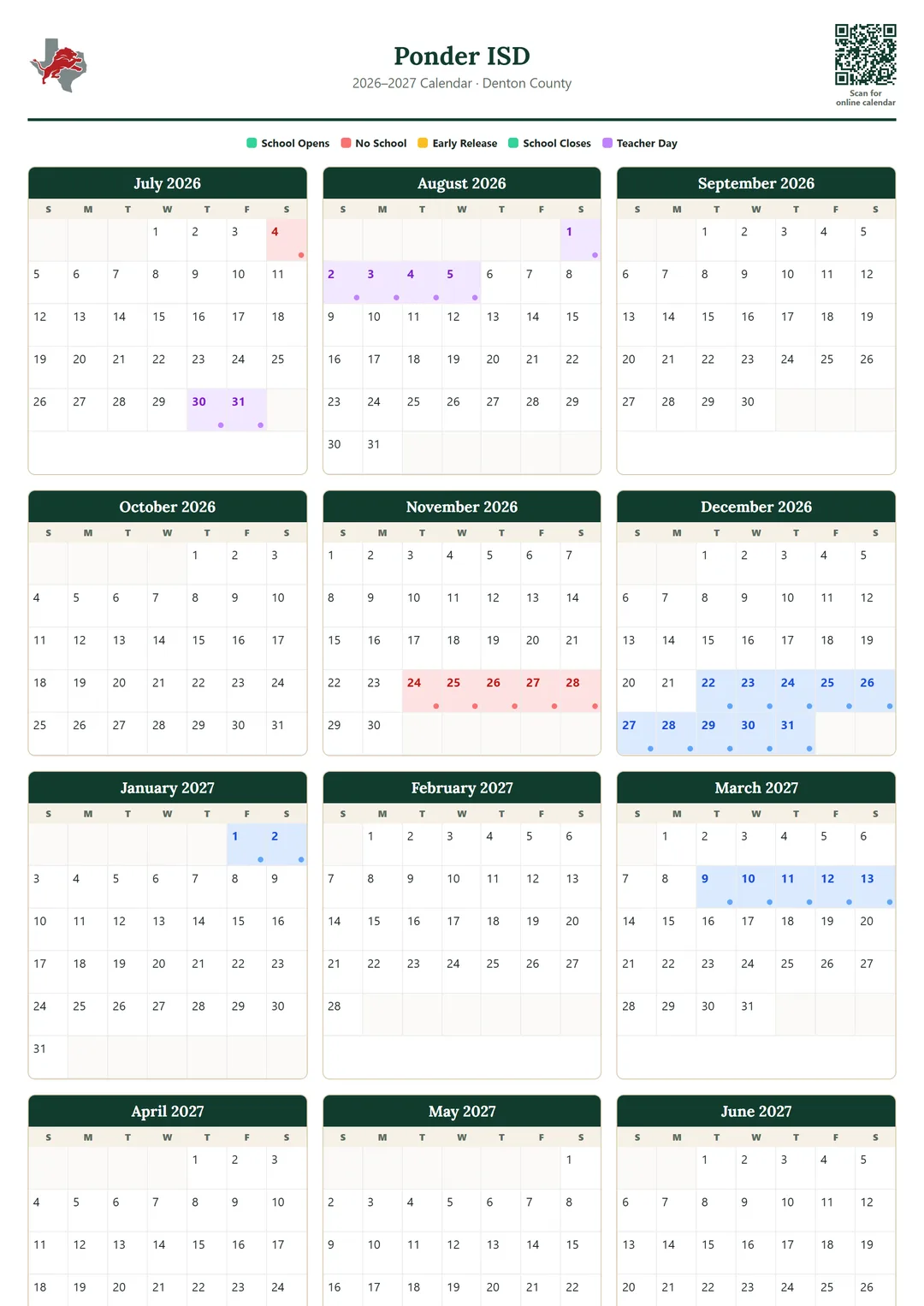 Ponder ISD printable 2026–2027 calendar