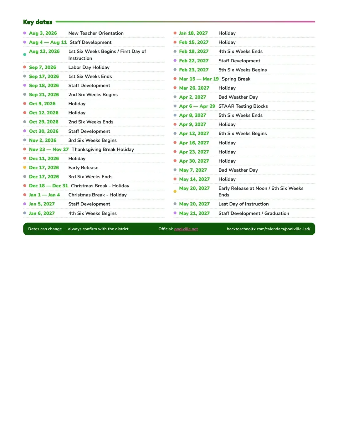 Poolville ISD Calendar for the Year 26-27 — key dates