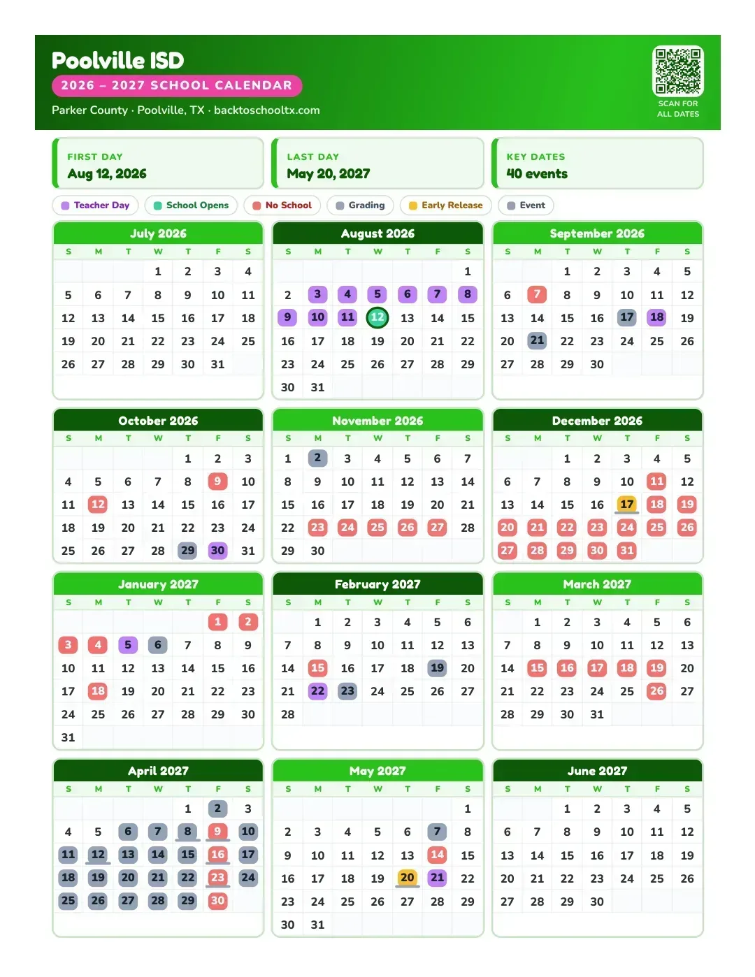 Poolville ISD Calendar for the Year 26-27