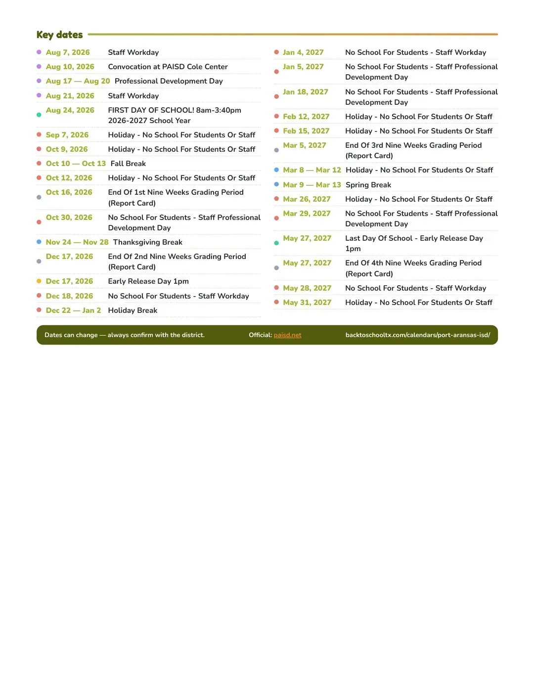 Port Aransas ISD Calendar for the Year 26-27 — key dates