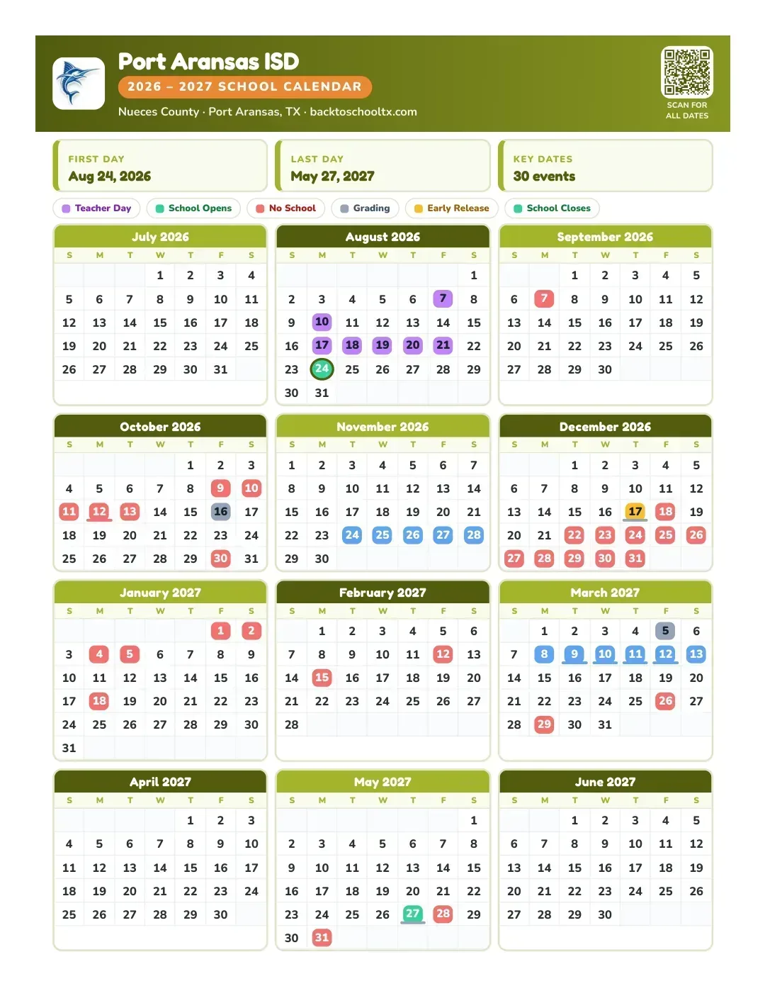 Port Aransas ISD Calendar for the Year 26-27