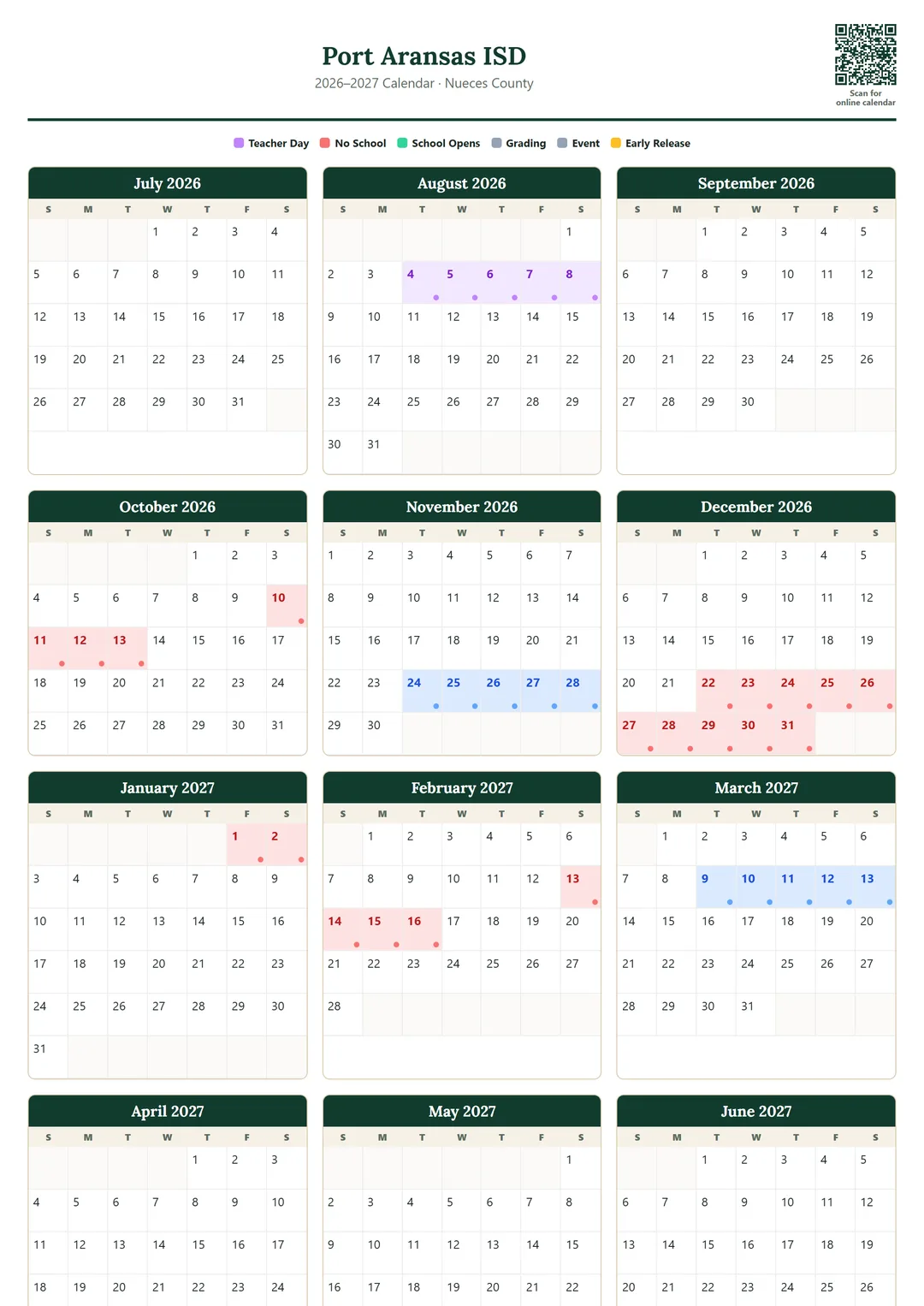 Port Aransas ISD printable 2026–2027 calendar