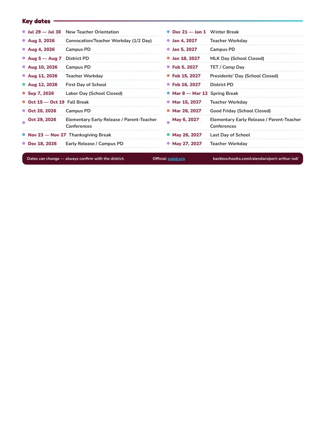 Port Arthur ISD Calendar for the Year 26-27 — key dates