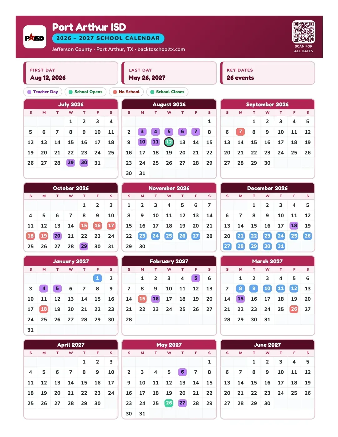 Port Arthur ISD Calendar for the Year 26-27