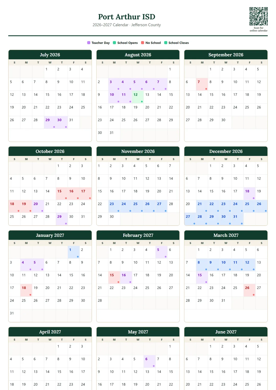 Port Arthur ISD printable 2026–2027 calendar