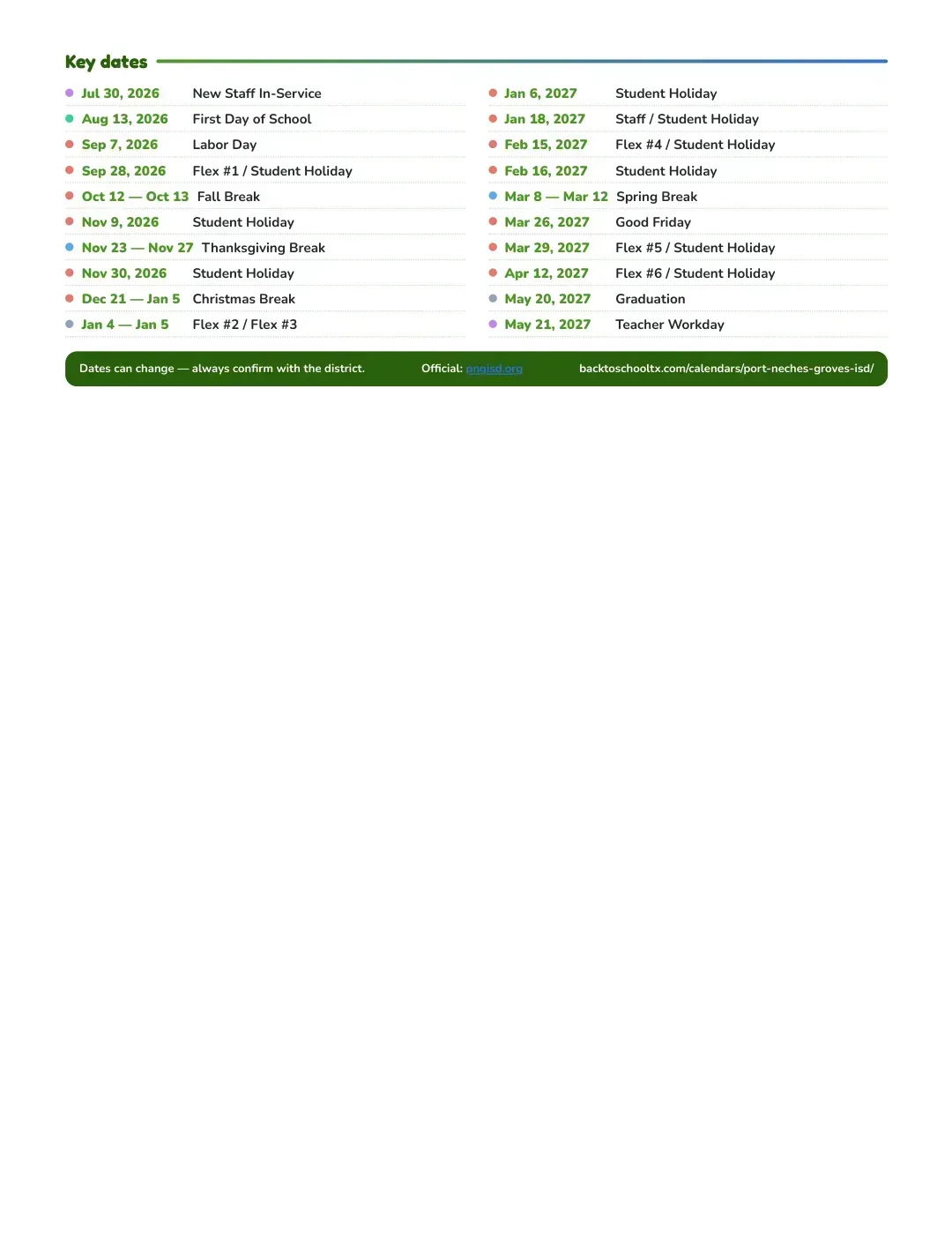Port Neches-groves ISD Calendar for the Year 26-27 — key dates