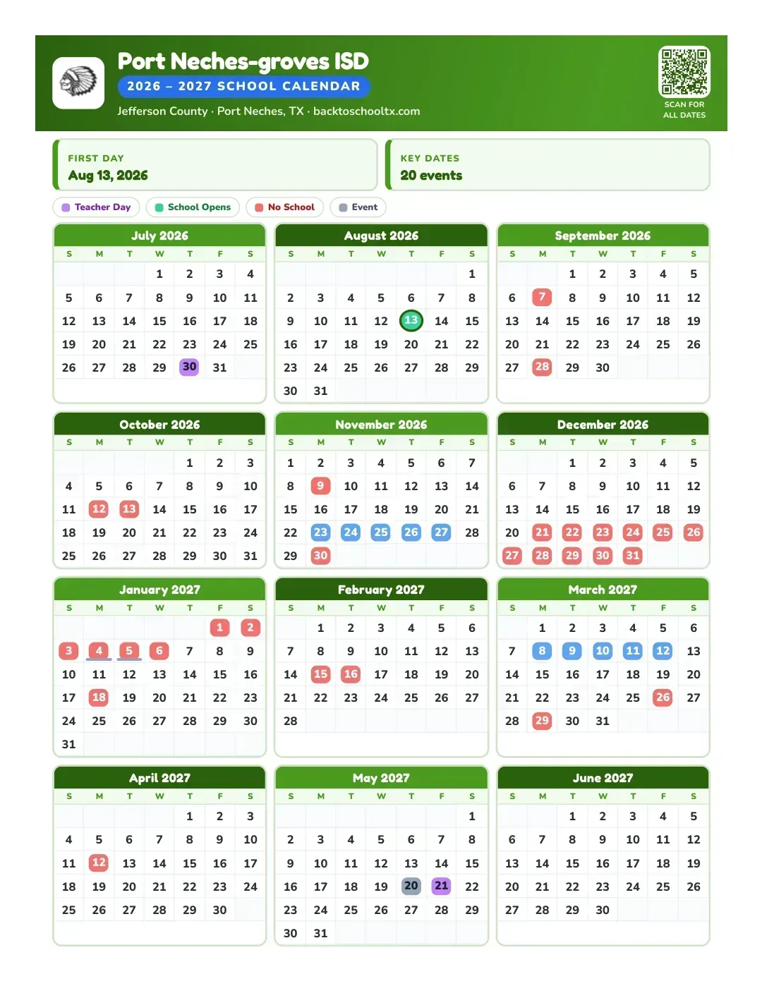Port Neches-groves ISD Calendar for the Year 26-27