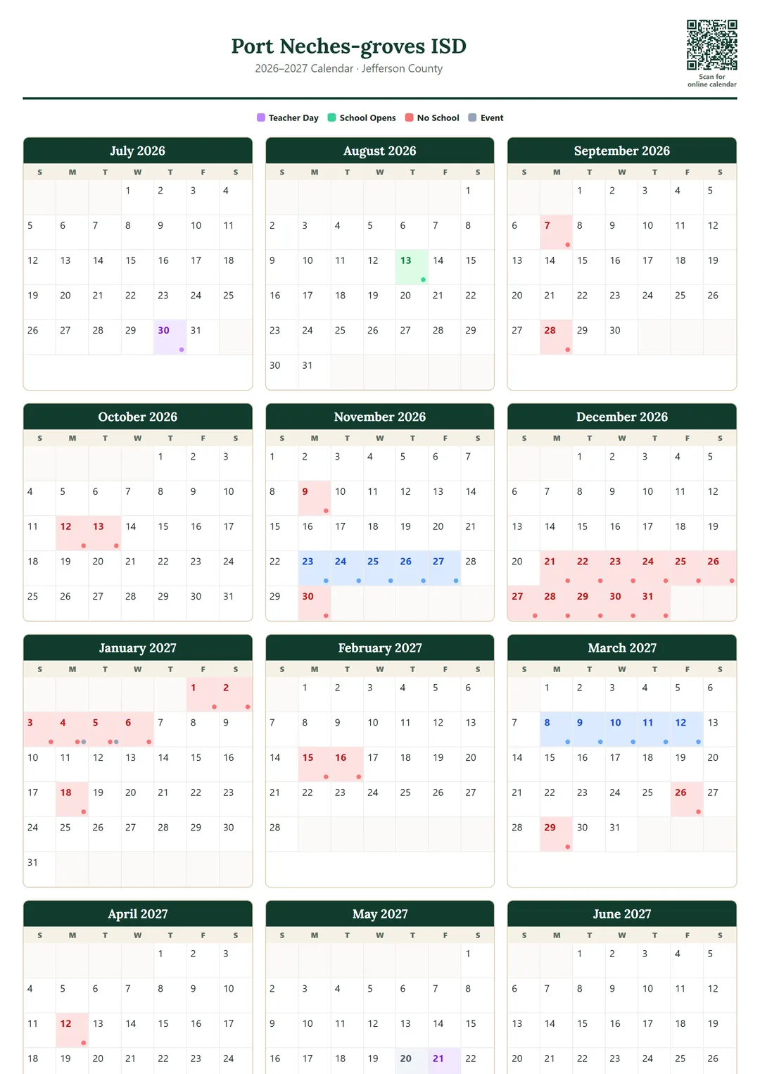 Port Neches-groves ISD printable 2026–2027 calendar