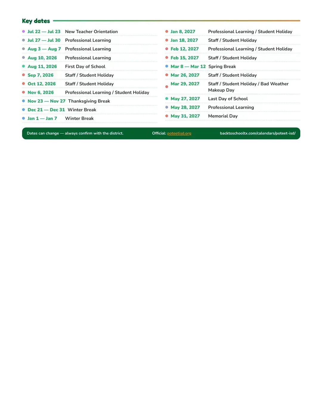 Poteet ISD Calendar for the Year 26-27 — key dates