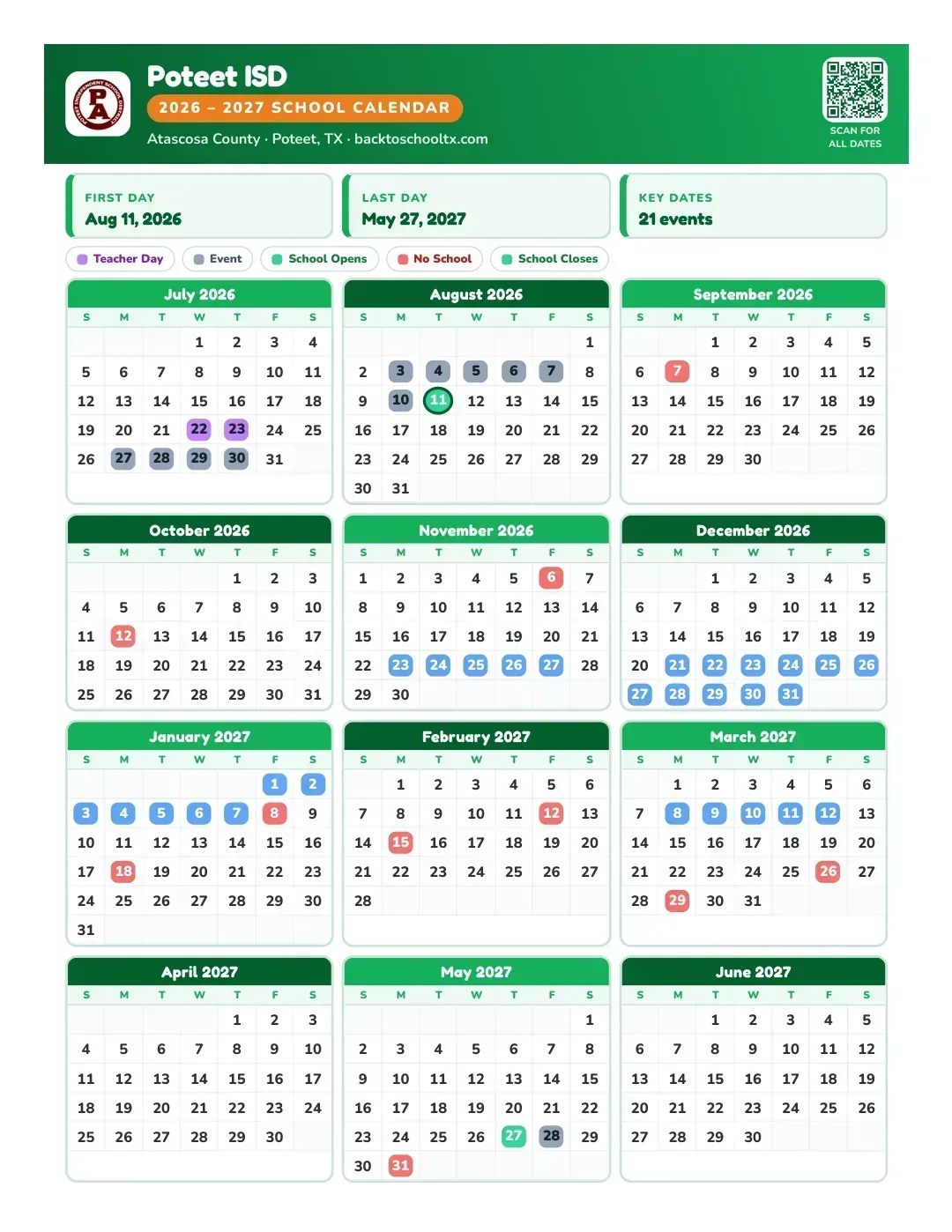 Poteet ISD Calendar for the Year 26-27