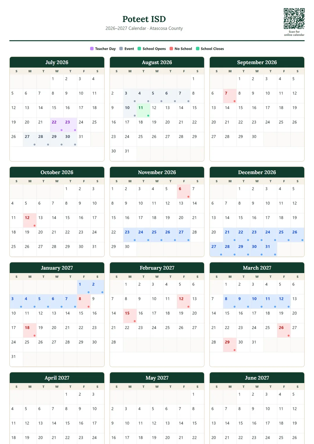 Poteet ISD printable 2026–2027 calendar