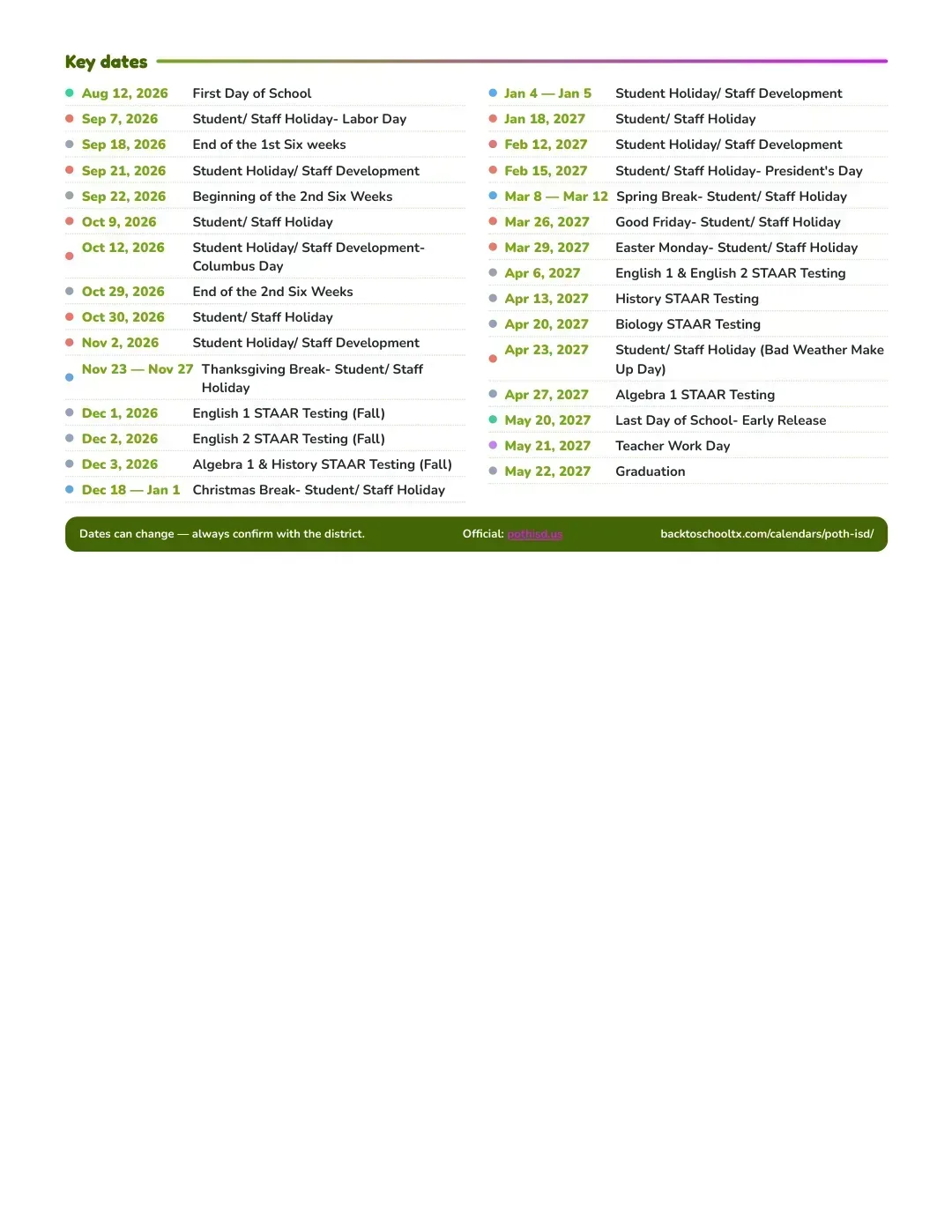 Poth ISD Calendar for the Year 26-27 — key dates