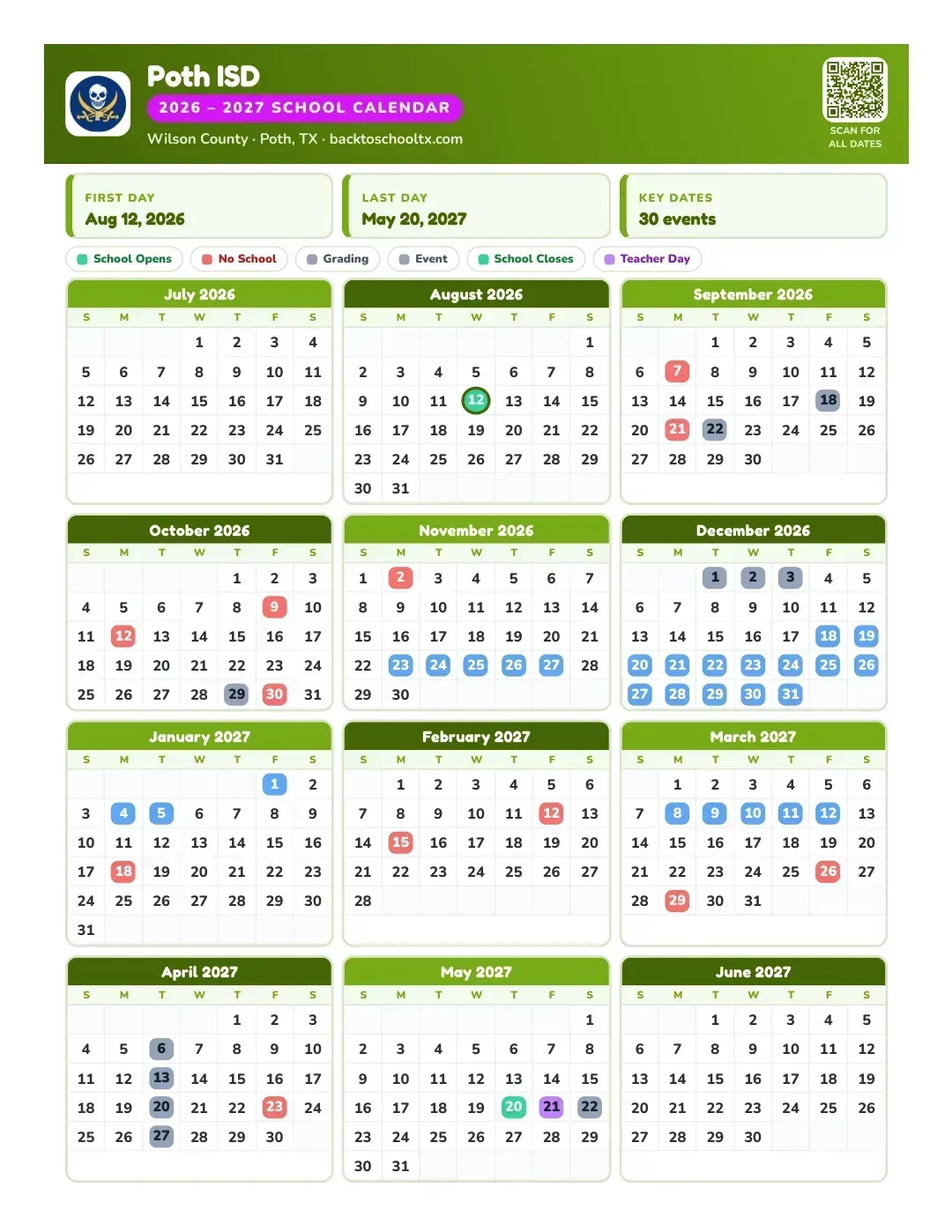 Poth ISD Calendar for the Year 26-27