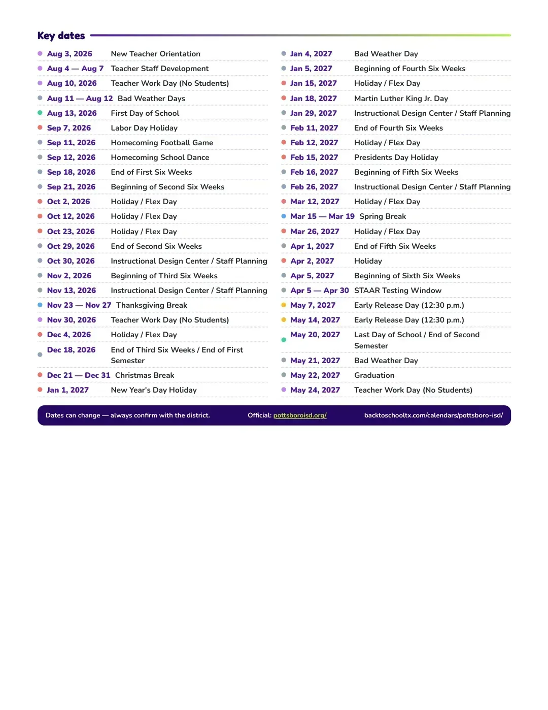 Pottsboro ISD Calendar for the Year 26-27 — key dates