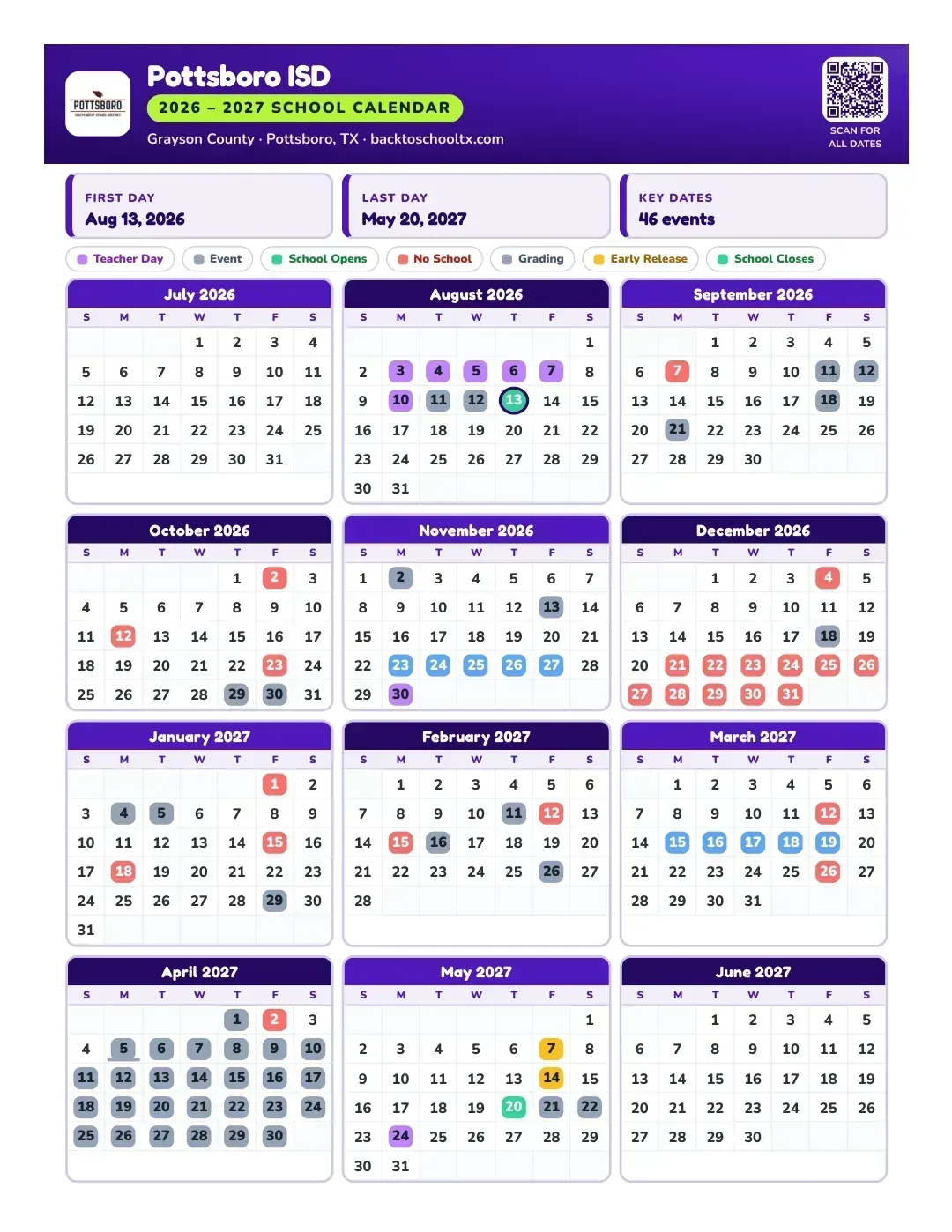 Pottsboro ISD Calendar for the Year 26-27