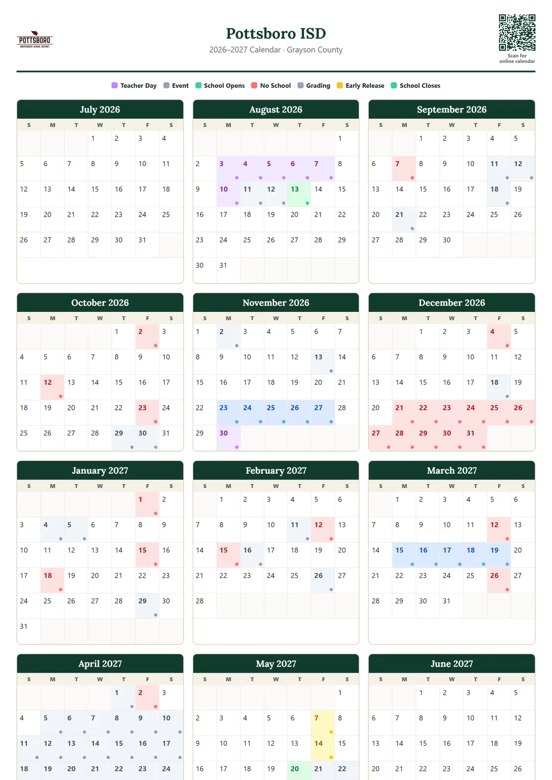 Pottsboro ISD printable 2026–2027 calendar