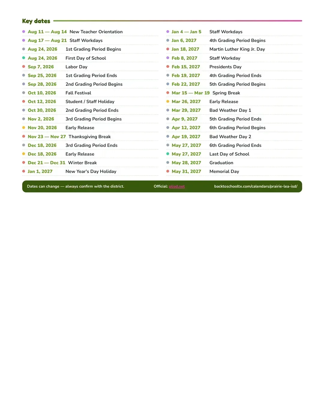 Prairie Lea ISD Calendar for the Year 26-27 — key dates
