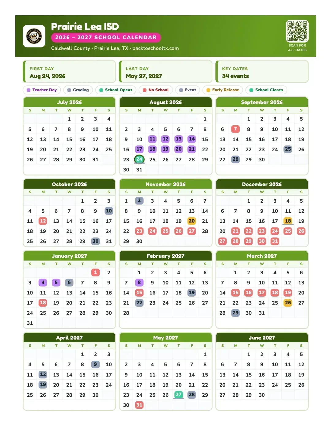 Prairie Lea ISD Calendar for the Year 26-27