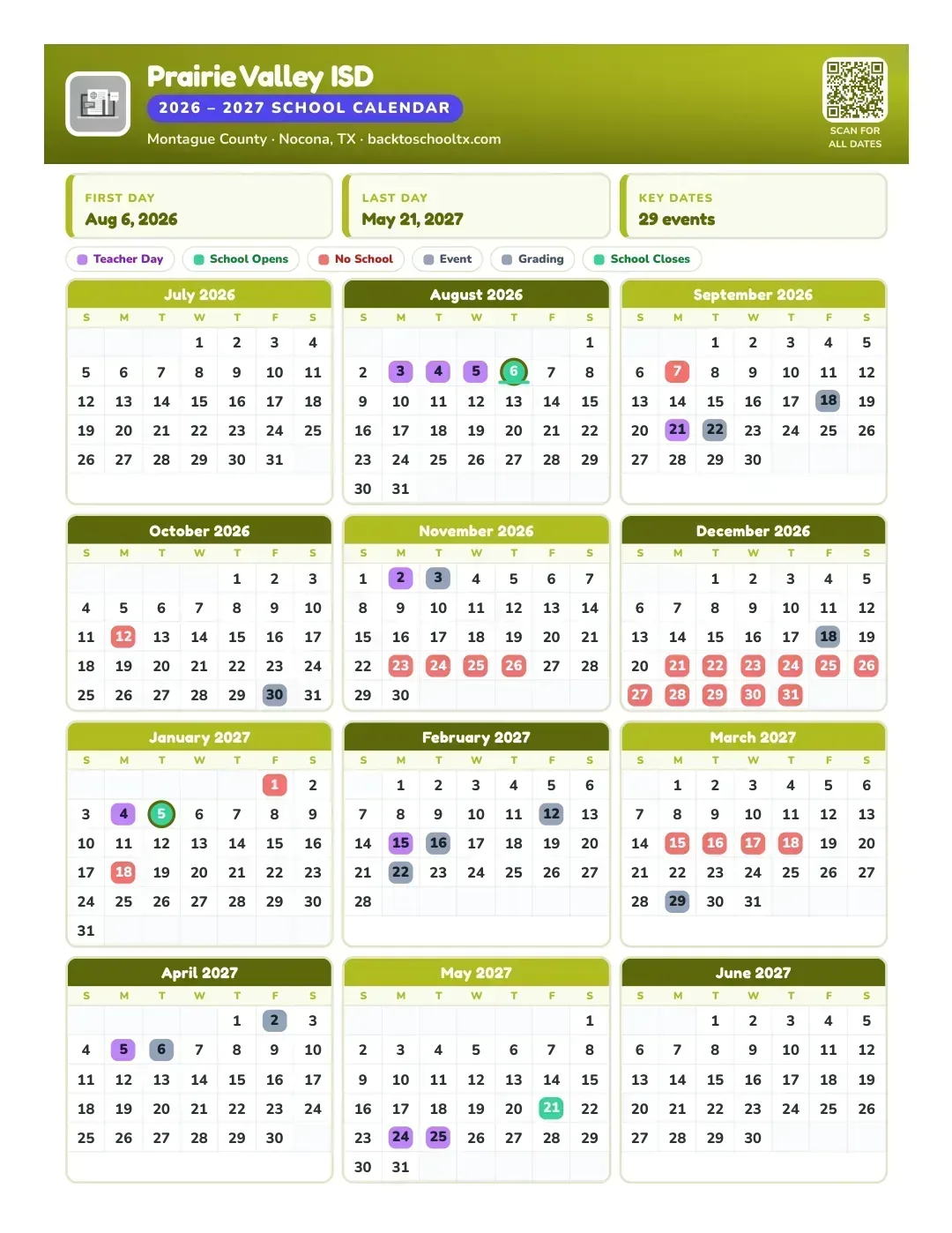Prairie Valley ISD Calendar for the Year 26-27
