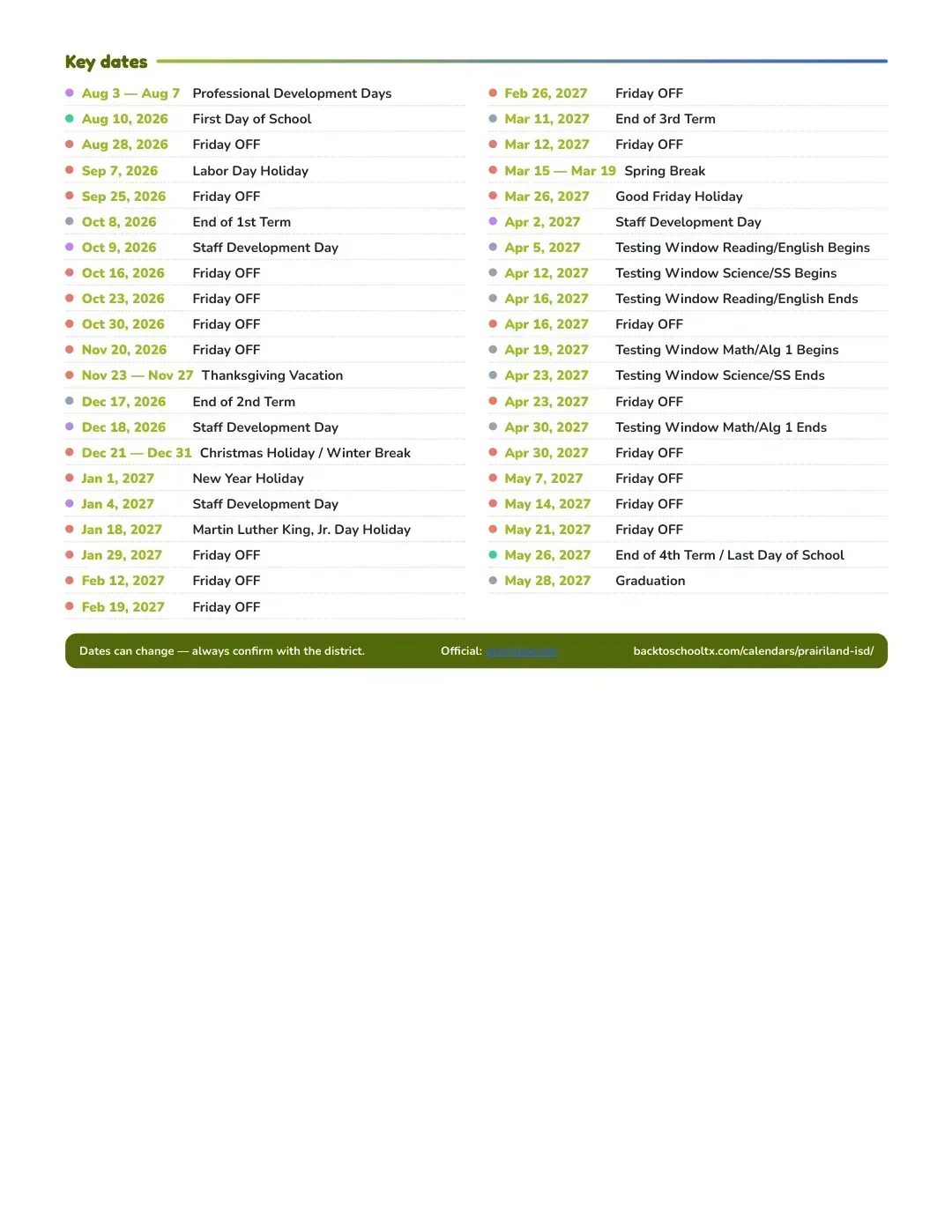 Prairiland ISD Calendar for the Year 26-27 — key dates