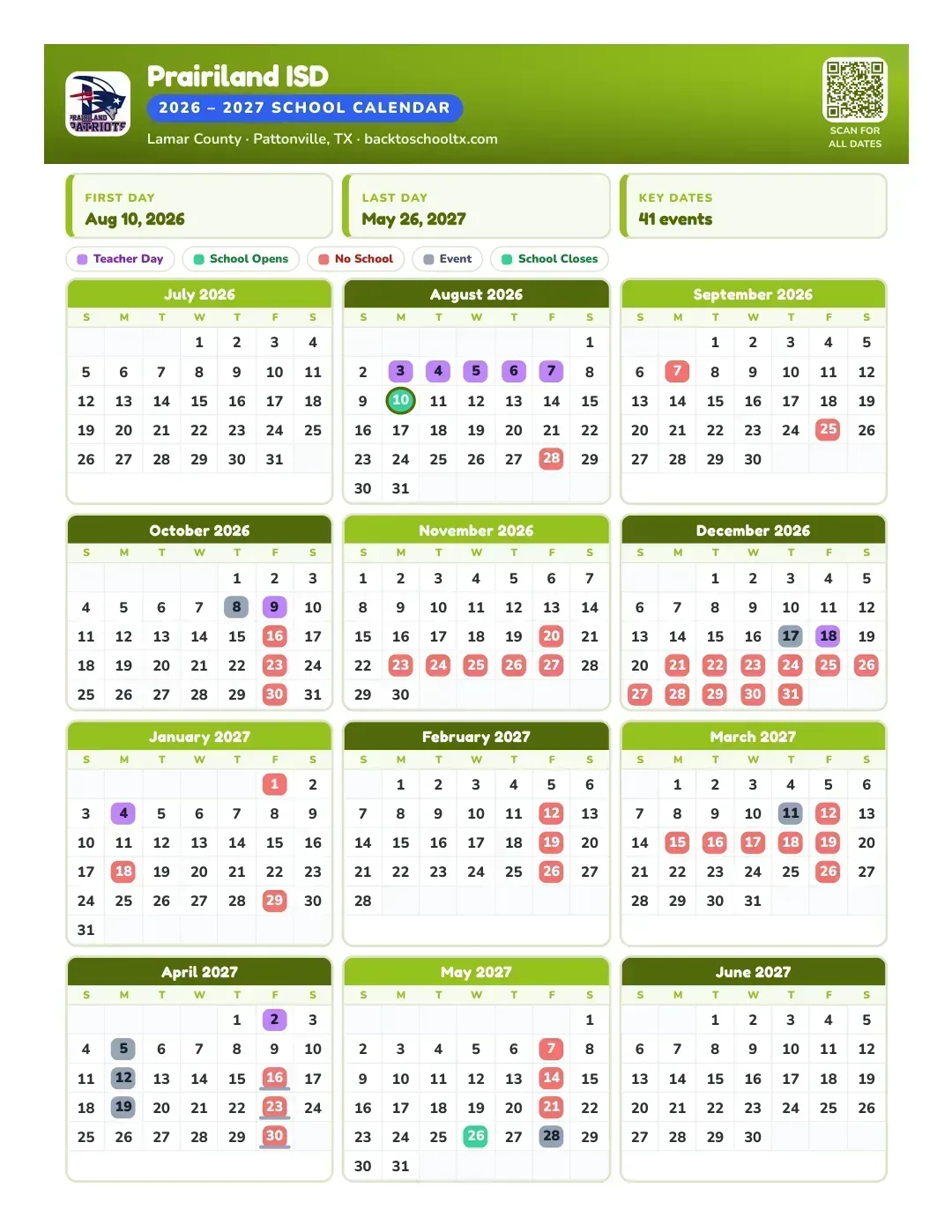 Prairiland ISD Calendar for the Year 26-27