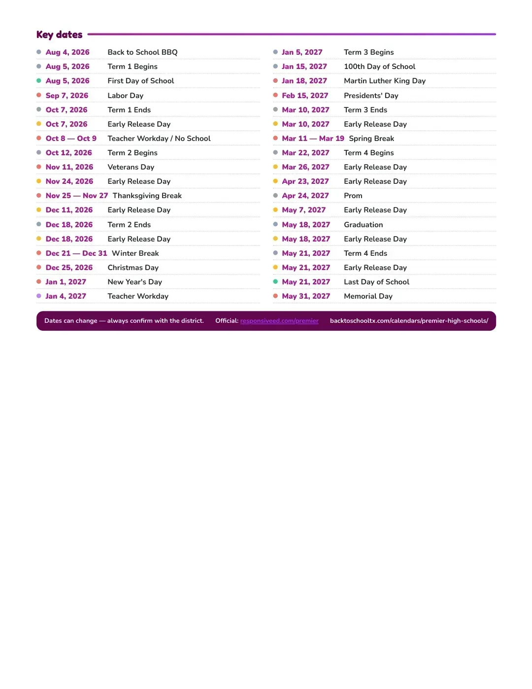 Premier High Schools Calendar for the Year 26-27 — key dates