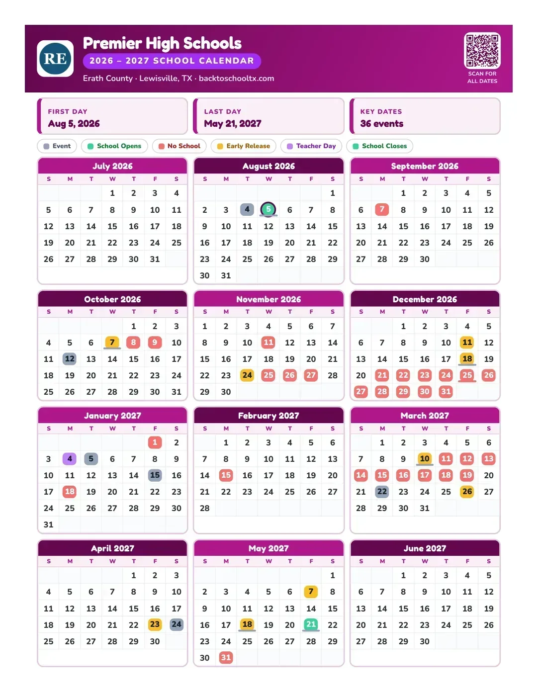 Premier High Schools Calendar for the Year 26-27