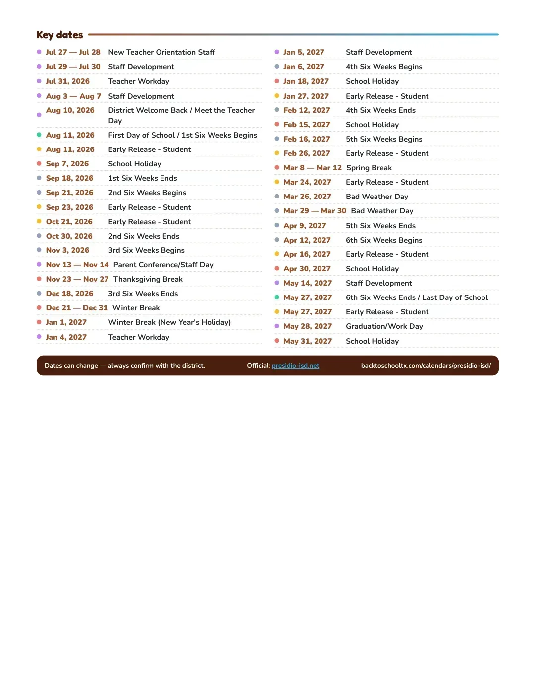 Presidio ISD Calendar for the Year 26-27 — key dates